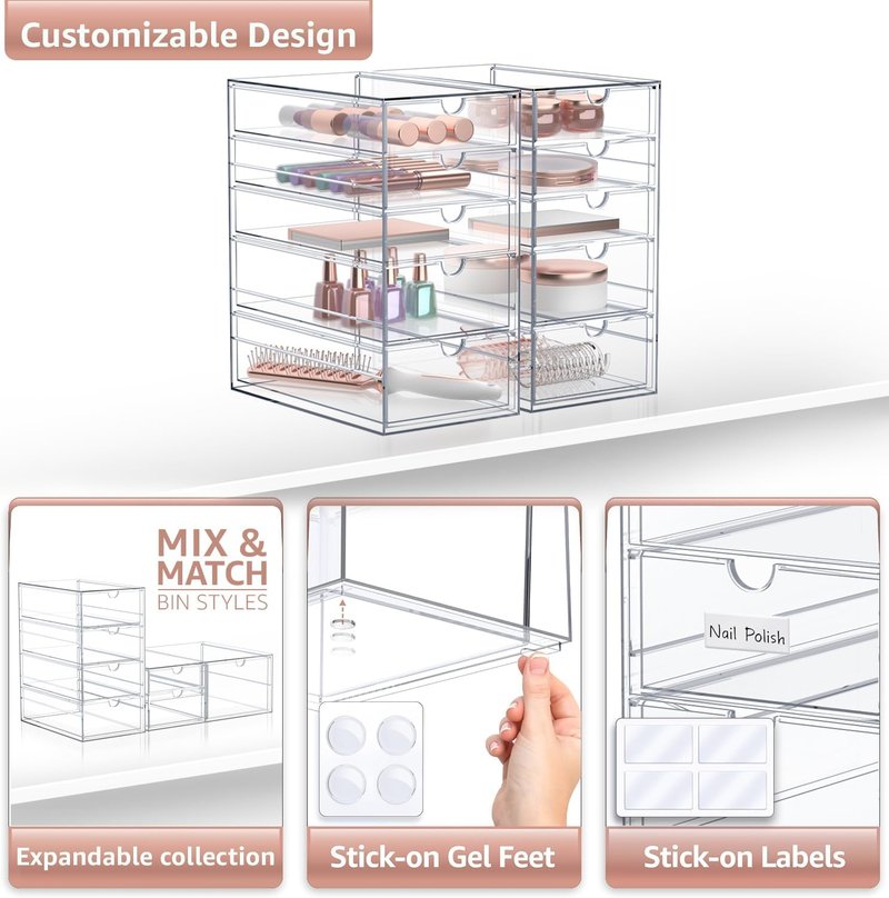 Makeup Organizer - 10-Drawer Acrylic Storage for Makeup, Office, Jewelry | 2 Clear Stackable Bins