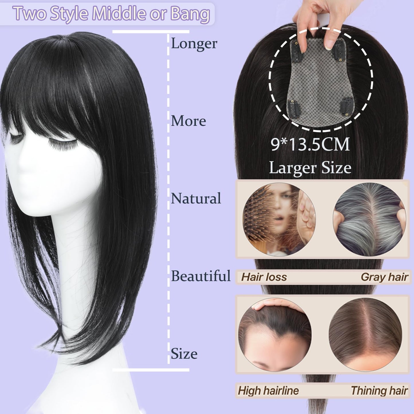 RMYHIG Hair Topper, 360° 3D Hair Toppers for Women with Thinning, 18 Inch Long Pieces for Women Clip in Wispy or Side Bangs(Black, 3D Wispy Bangs)
