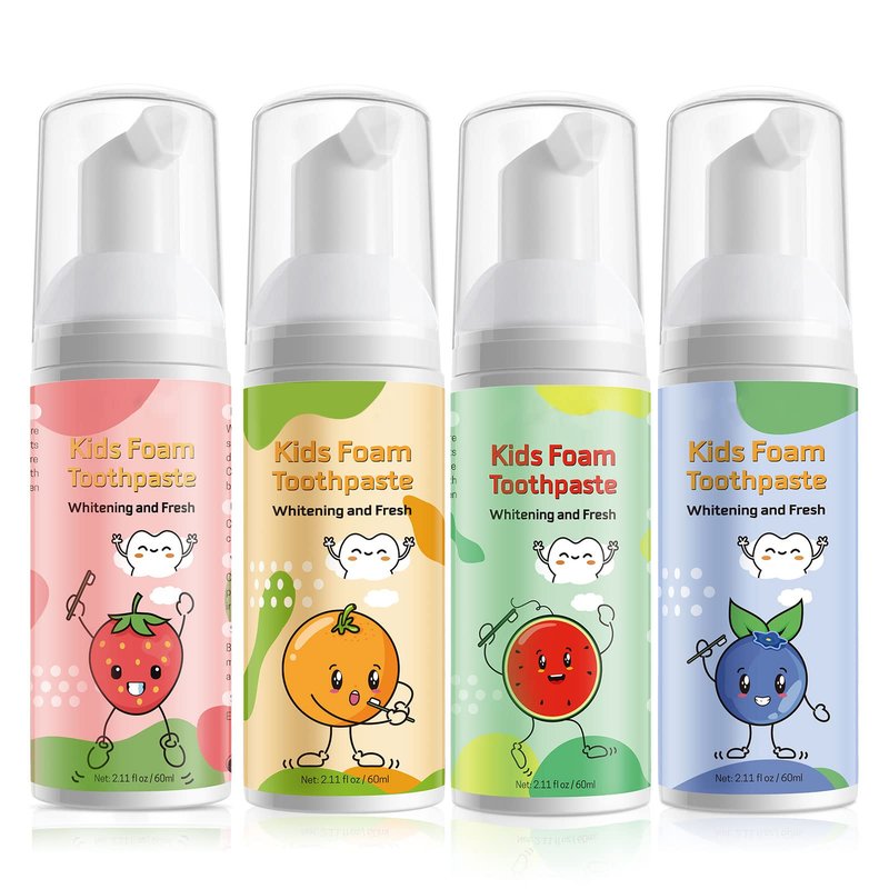 Foam Toothpaste Kids, Toddler Toothpaste with Low Fluoride, Kids Toothpaste for U Shaped & Electric Toothbrush, Foam Toothpaste for Children Ages 3 Plus (4PCS, Strawberry+Orange+Watermelon+Blueberry)