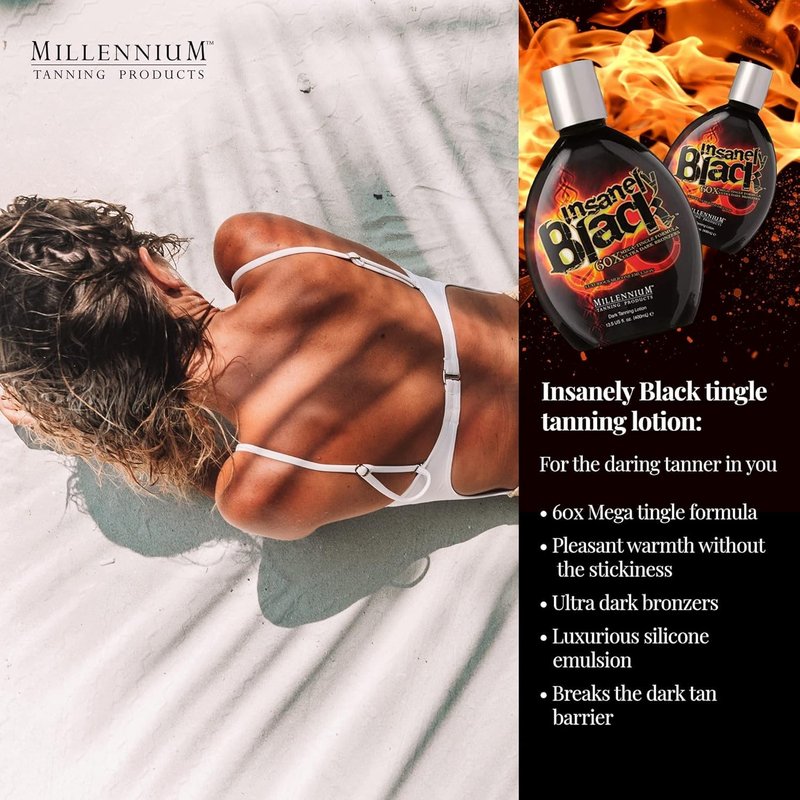 Millennium: Dark Tanning Lotion for Tanning Beds or Outdoors - Tanning Bed Lotion with Bronzer & Silicone for Tattoo Protection - Women & Mens Tanning Lotion - Insanely Black 60x, Mega Tingle, 13.5oz