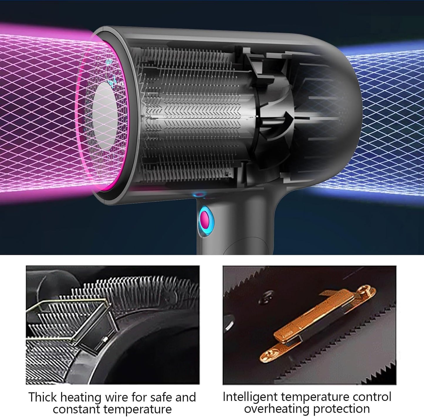 Portable Hair Dryer - Ionic Fast Drying with Blue Light Scalp Care | Foldable Design, 2 Speeds, Diffuser & Nozzle