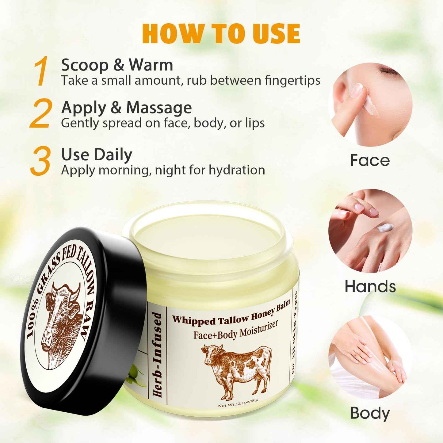Yayabb Organic Grass-fed Whipped Beef Tallow Balm With Raw Honey Beef Tallow and Honey Balm for Skin Face Natural Moisturizer Body Lotion, Skin Care Lip (2.10Oz)