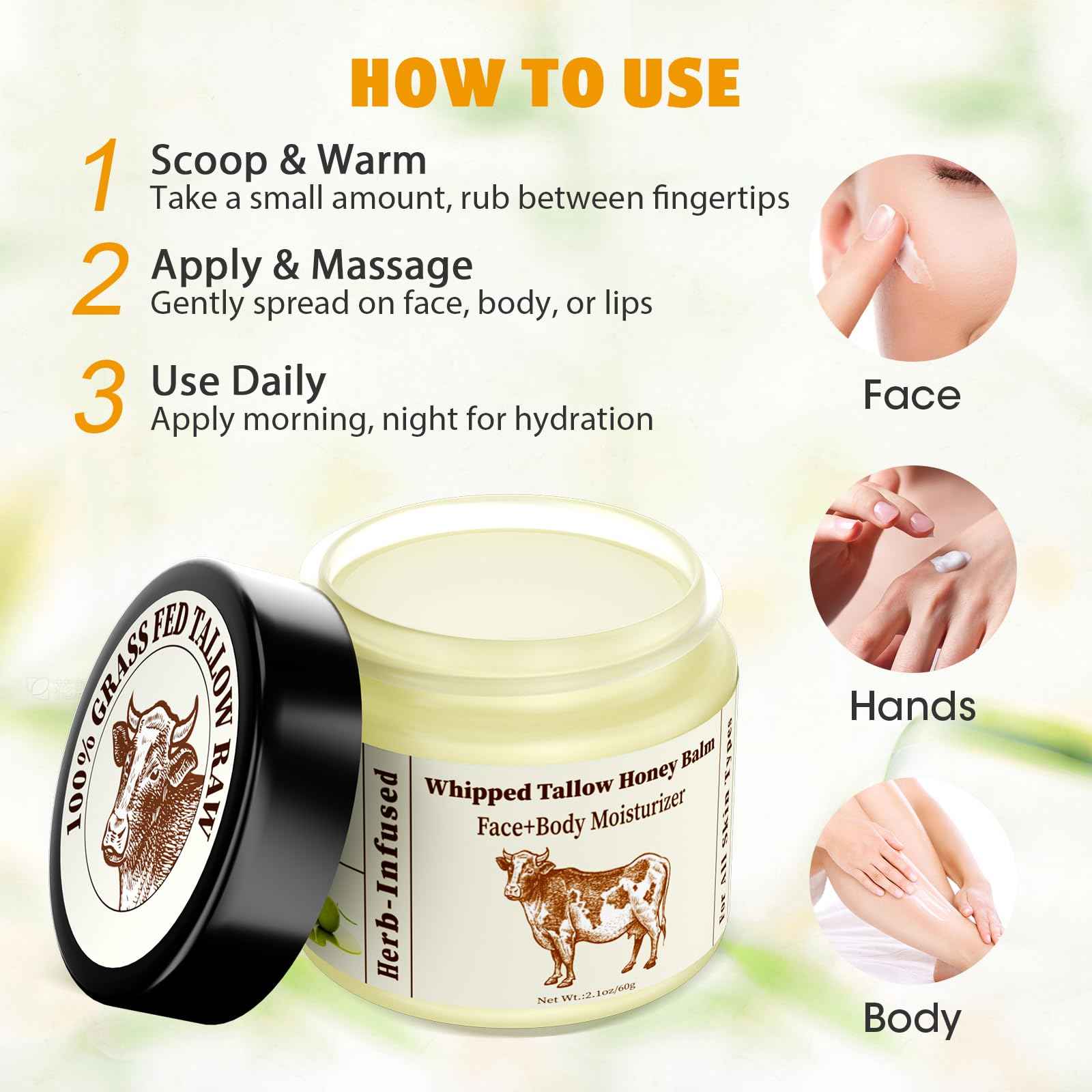 Yayabb Organic Grass-fed Whipped Beef Tallow Balm With Raw Honey Beef Tallow and Honey Balm for Skin Face Natural Moisturizer Body Lotion, Skin Care Lip (2.10Oz)
