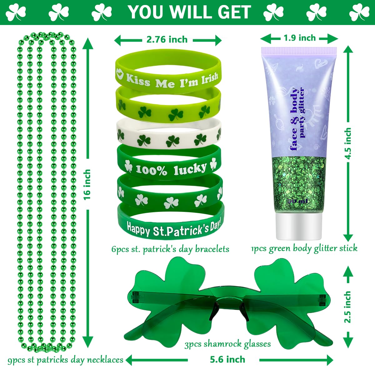 19PCS St. Patrick's Day Accessories Set, Green Face & Body Glitter, Green Glasses, Irish Bracelets, Round Bead Necklaces, Party Favors for Women and Family