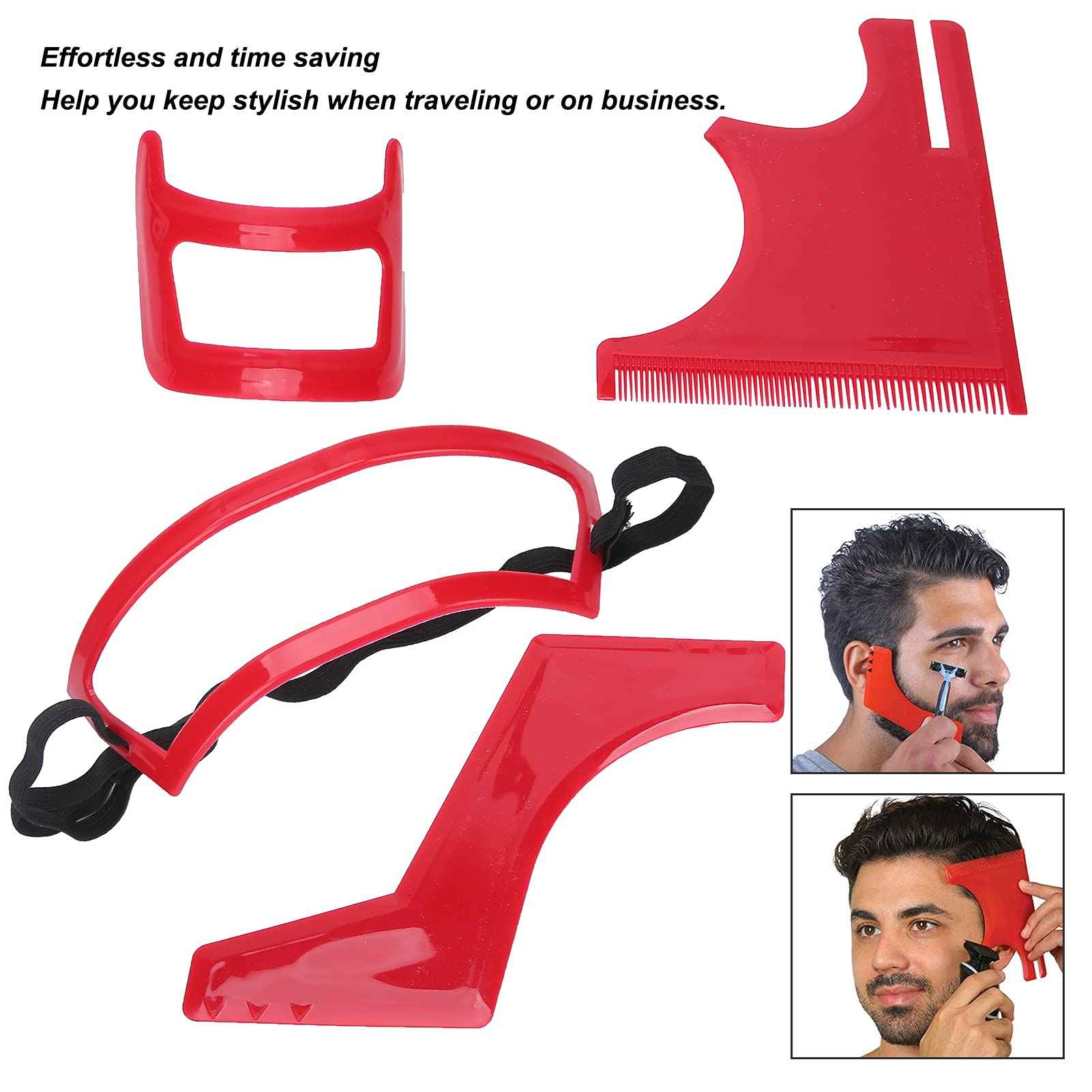 Deosdum 4 Pcs Haircut Tool Kit Hairline,Beard Shaping Tool,Beard Styling Cutting Hairline Grooming Red Plastic Beard Template Set