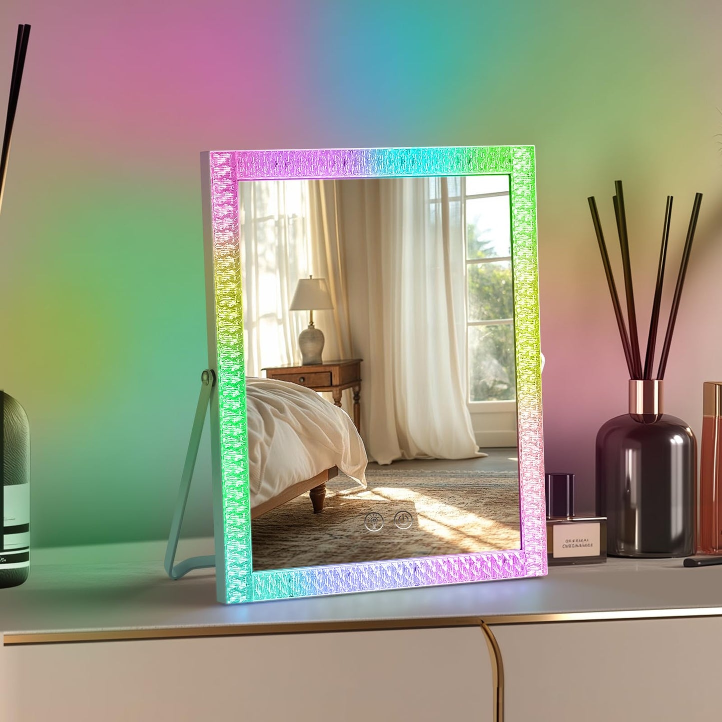 homtang Vanity Mirror with Lights,RGB & 3 Dimmable Light Modes Makeup Mirror with Touch Control,Light Up Mirror for Desk,360°Rotation,17x14 Inch