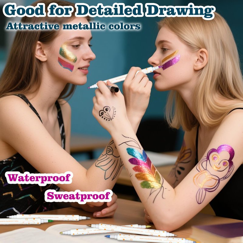 12 Colors Metallic Face Paint Glitter Tattoo Kit, Washable Glittering Face Body Painting Pens for Halloween Makeup Party Festival Clubs Cosplay Costume