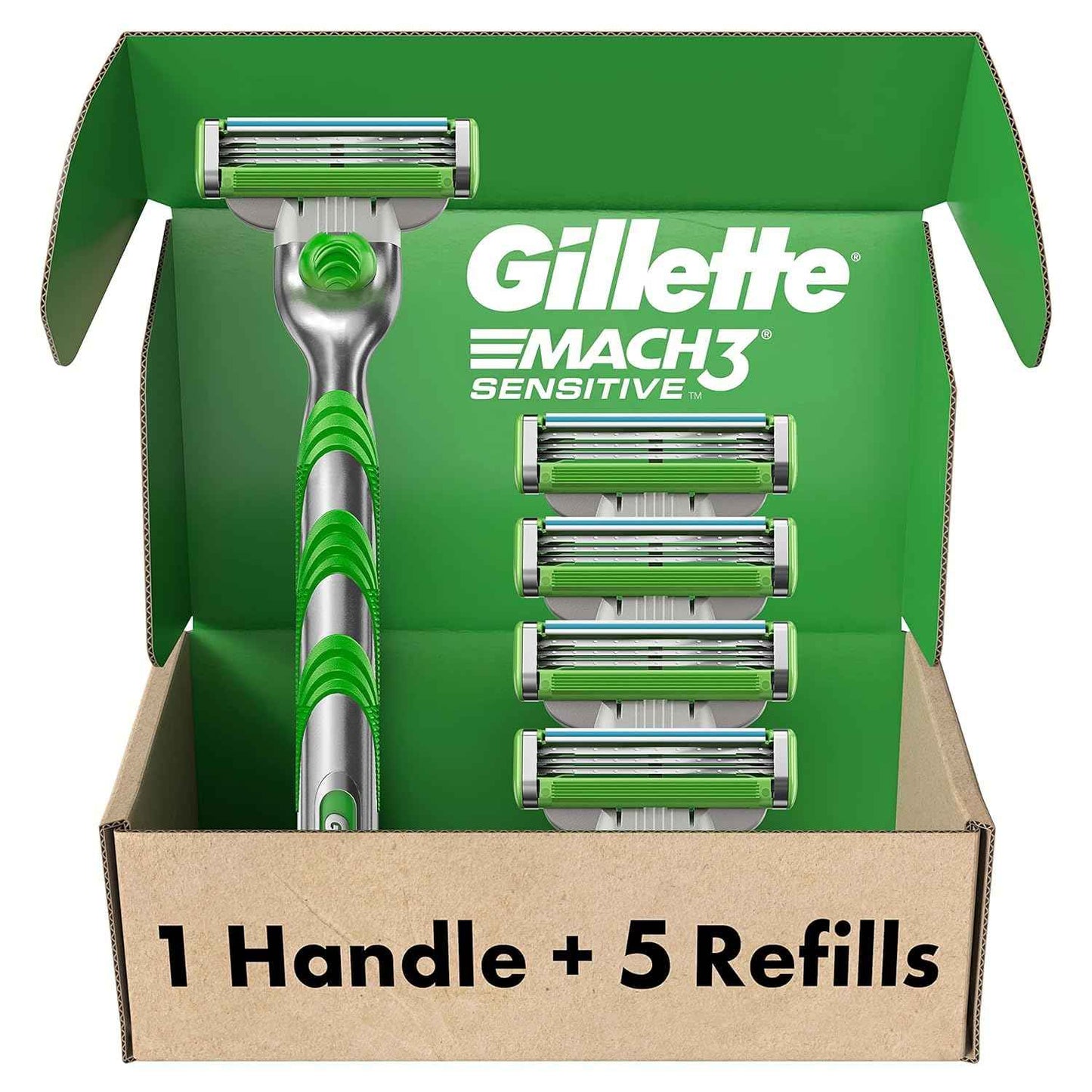 Gillette Mach3 Sensitive Razors for Men, 1 Handle, 5 Blade Refills, Designed for Sensitive Skin