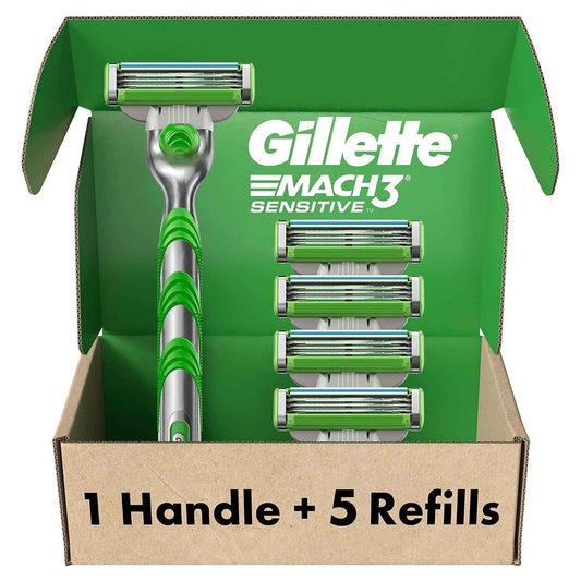 Gillette Mach3 Sensitive Razors for Men, 1 Handle, 5 Blade Refills, Designed for Sensitive Skin