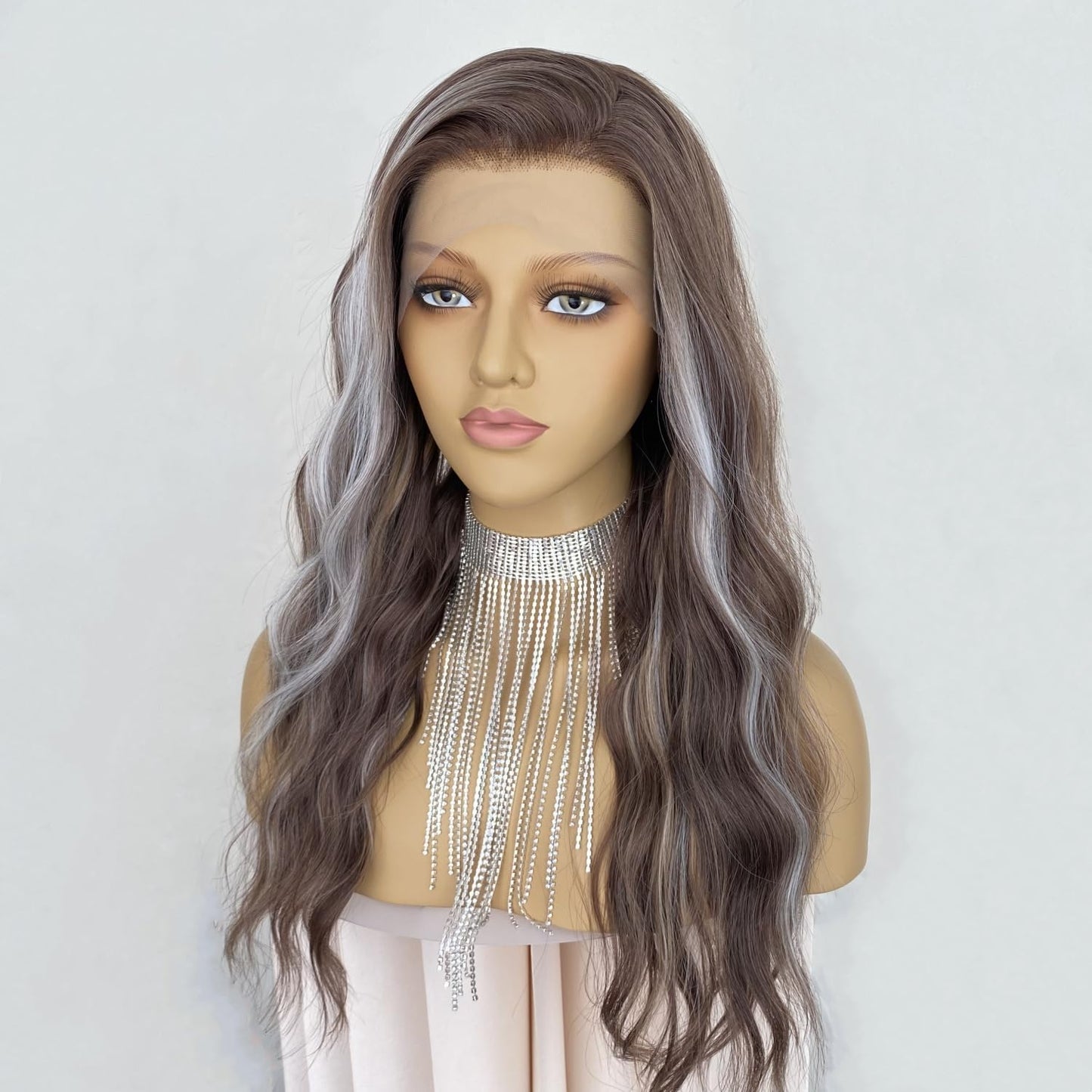 CIMITIKI Ash Brown Wigs Highlight Platinum Hair Mixed Honey Blonde 13x4 Lace Front Wig Ombre Silver Loose Wavy Synthetic 20Inch Pre Plucked for Women