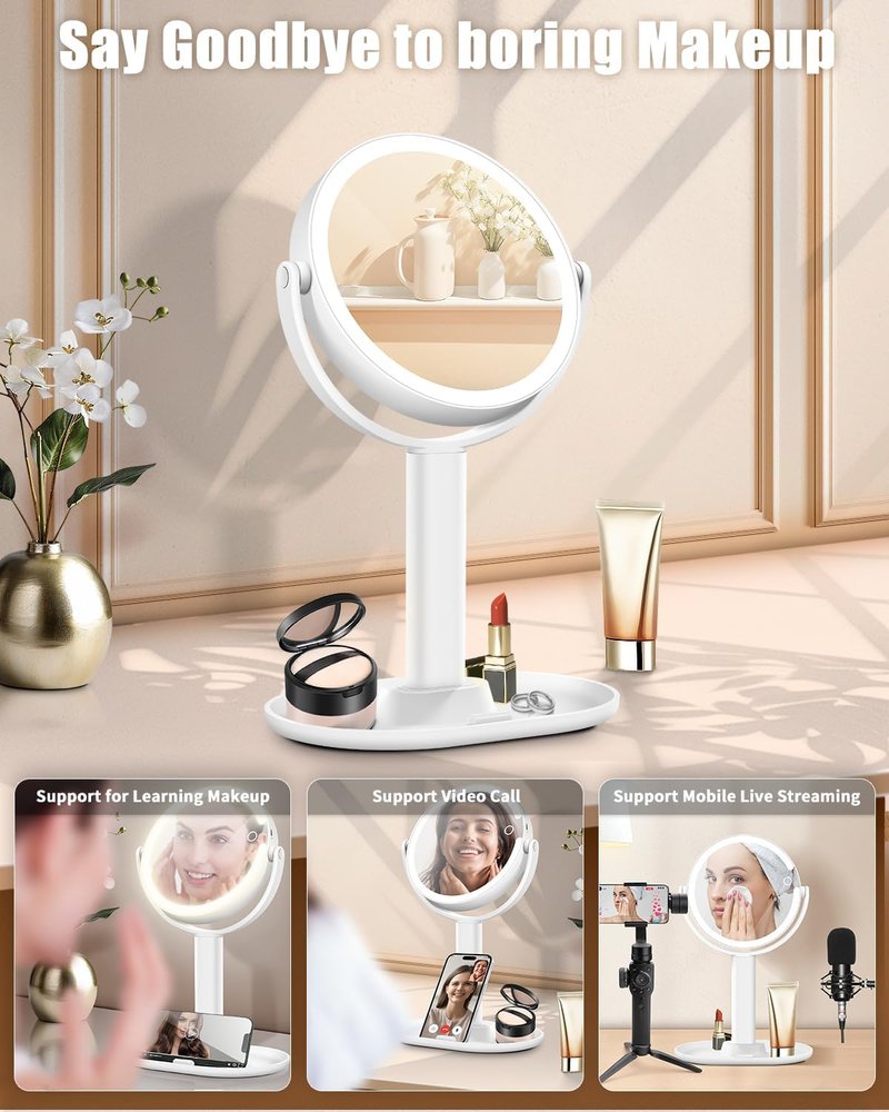 15X Magnifying Makeup Mirror with Lights - Double-Sided 360° Rotation, Rechargeable, Adjustable Brightness for Vanity & Bedroom