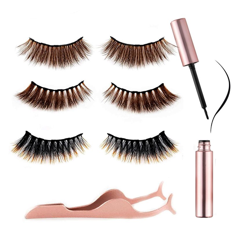 miaowang 6D Magnetic Brown Eyelashes and Magnetic Eyeliner Kit 3 Style with Tweezers (Brown No.2)