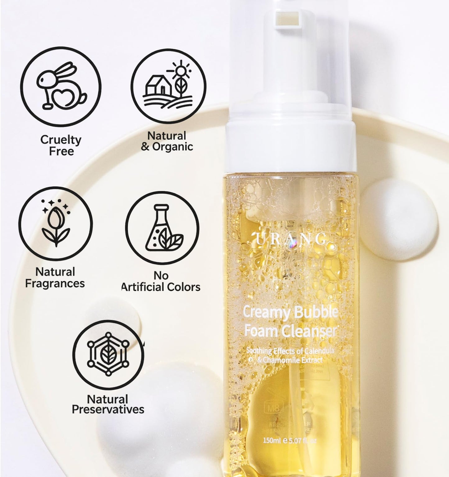 URANG Creamy Bubble Foam Cleanser – Premium K-beauty Foam Cleanser Soften and Moisturize Skin – 5.07 Fl.oz – COSMOS NATURAL Certified – 100% Natural