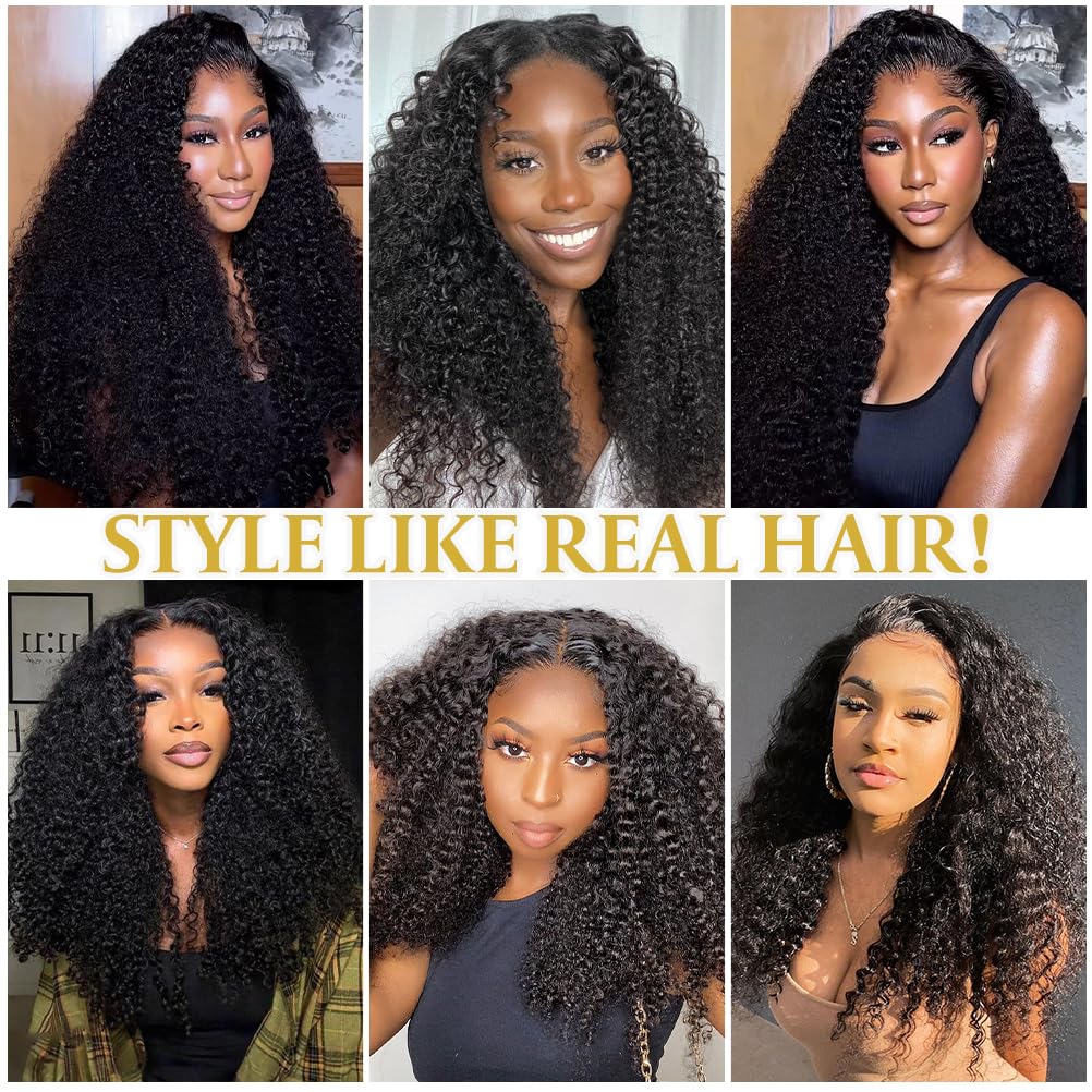 13x4 Lace Frontal Closure Kinky Curly Human Hair Ear to Ear Frontal HD Lace Pre Plucked 16 Inch Free Part Brazilian Hair Extensions 150% Density Natural Black