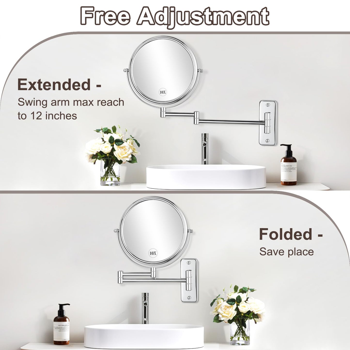 DECLUTTR 8 Inch Wall Mounted Magnifying Mirror with 10x Magnification, Double Sided Vanity Makeup Mirror for Bathroom, Chrome Finished