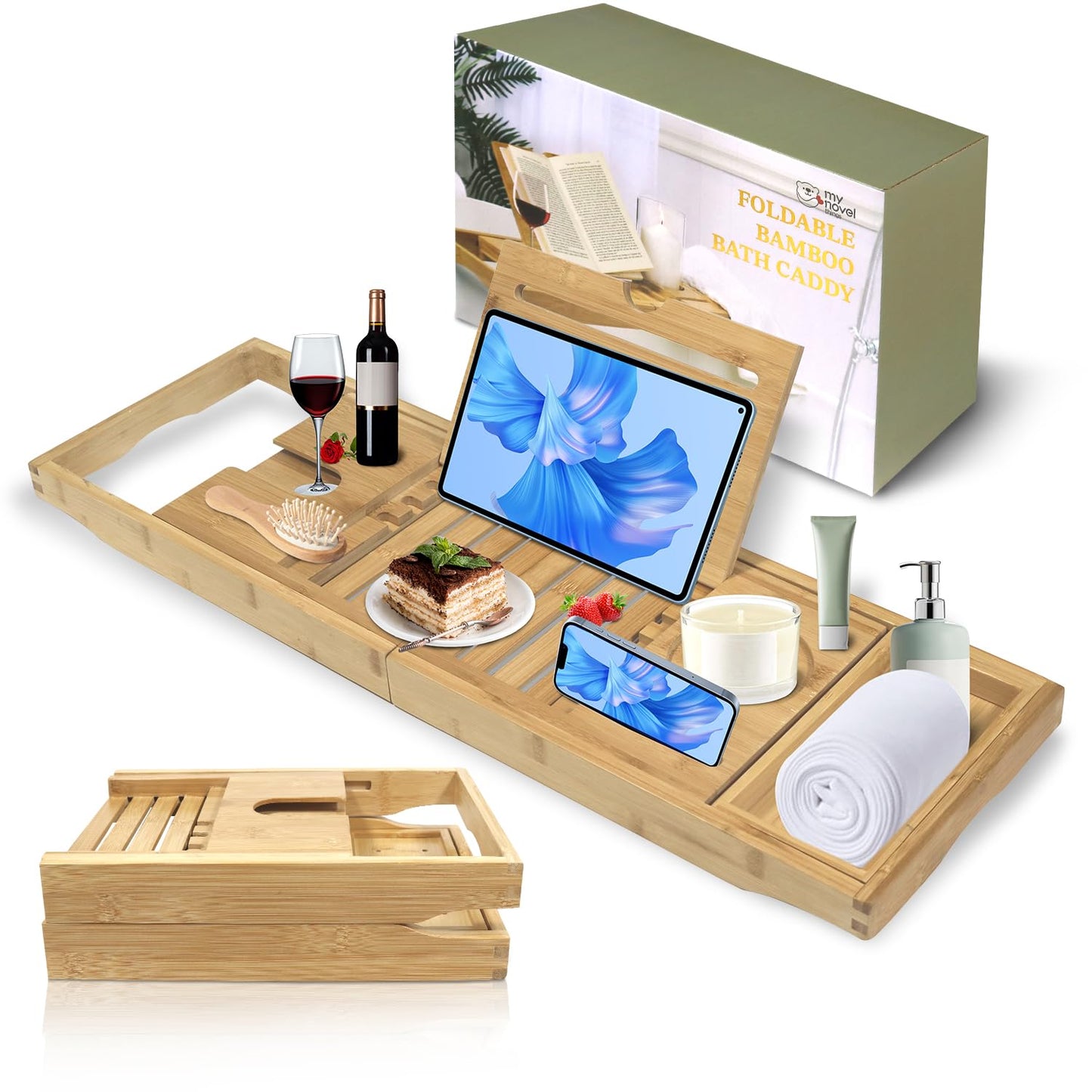 my novel things Bathtub Tray, Foldable Bath Tray for tub, Bamboo Bathtub Trays for tub, Luxurious Bath Accessories with Wine, Book & Tablet Holder - Expandable Size Fits Most Tubs - Wedding Gifts