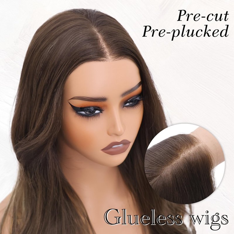 WECAN Brown Mixed Blonde Glueless Wigs Synthetic Lace Front Wigs 13x4 Pre Plucked Pre Cut Blonde Highlight Wavy Wig