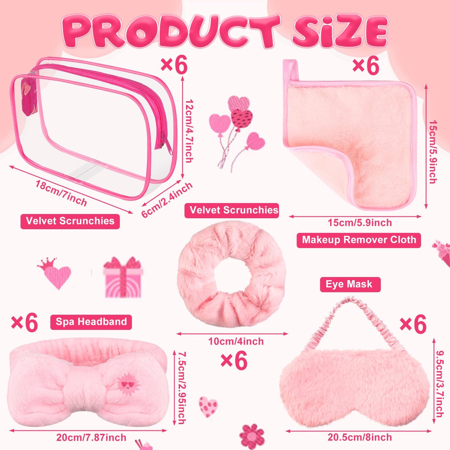 FIONUPI 30 Pcs Spa Sleepover Party Supplies 6 Bow Makeup Headband 6 Pink Plush Sleep Eye Mask 6 Velvet Scrunchies 6 Makeup Remover Cloth 6 Clear Cosmetic Bags for Women Slumber Party Favors