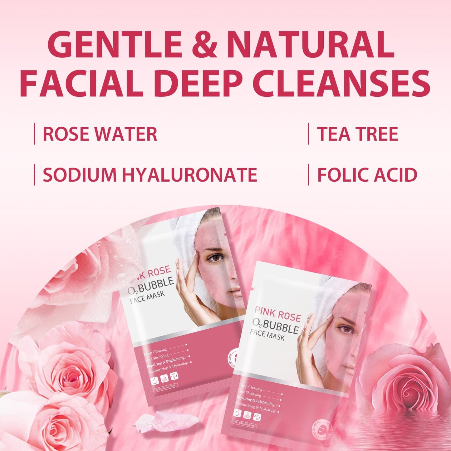 IREV Pack of 10 Pink Rose O2 Bubble Face Masks Skincare, Spa Presents for Women, Bubble Face Sheet Mask Cleaner Foaming Purifying Facial Mask for Acne and Pores Moisturizing Beauty Sheet Masks