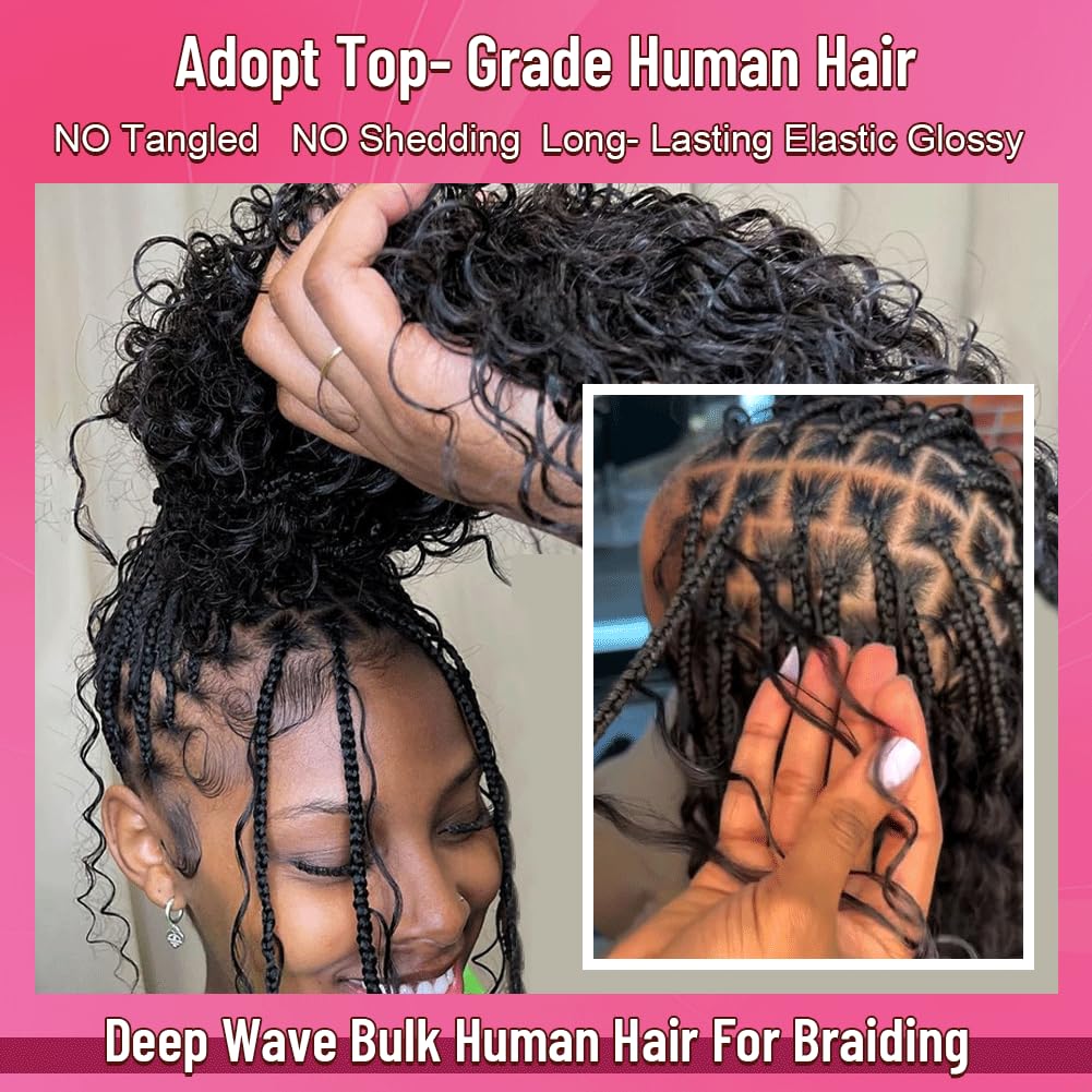 Vrecoda Human Braiding Hair for Boho Braids Curly Deep Wave Bulk Human Hair for Micro Braiding Hair Bohemian Boho Knotless Braids 2 Bundles 100% Human Hair Extensions No Weft Natural Color