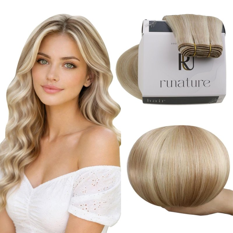 RUNATURE Blonde Weft Hair Extensions Human Hair, Sew in Human Hair for Women, Add Hair Volume, 12 Inch 70G Light Blonde Highlights, Can be DIY, Easy to Maintain #18P60