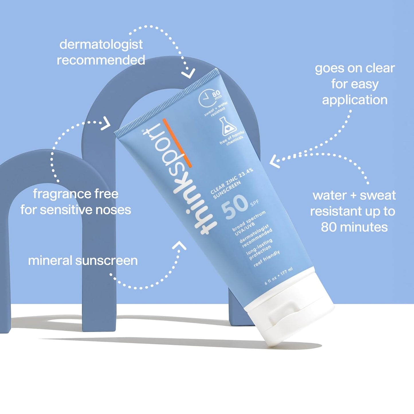 Thinksport SPF 50+ Mineral Sunscreen - Clear Zinc Oxide, Water-Resistant, Vegan | 6 Fl Oz