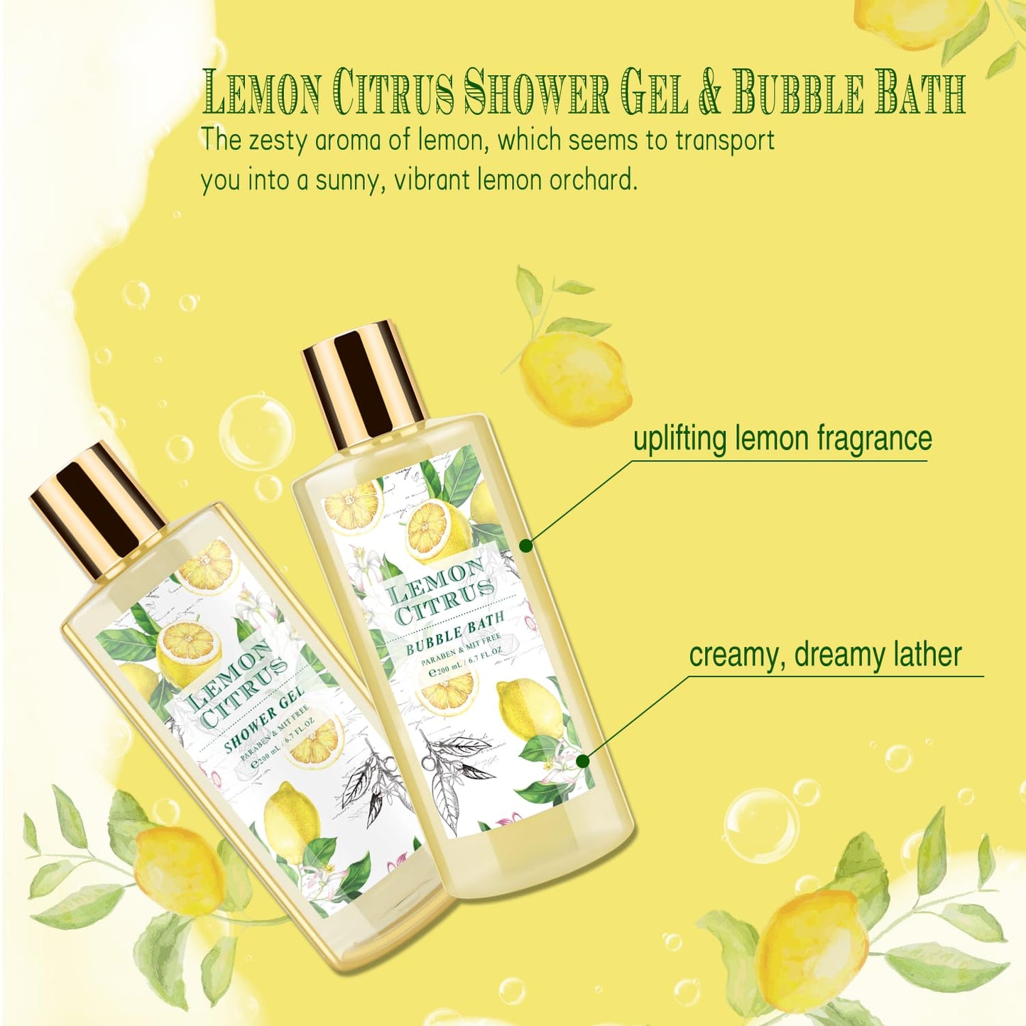 Bath Gift Set, Lemon Citrus Spa Gift Basket for Women, Includes Shower Gel, Bubble Bath, Body Lotion, Bath Frizzes 8 Pcs, Great Gift Idea for Her Birthday
