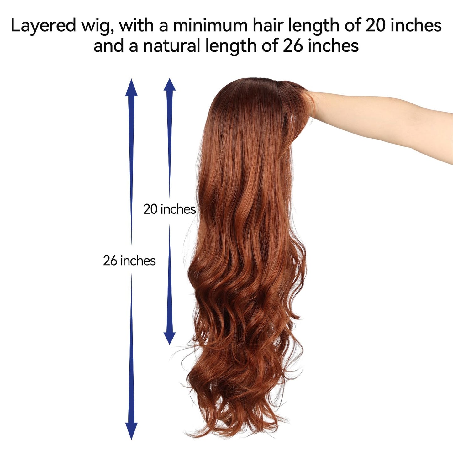 HAIRCUBE Auburn Wig with Bangs for Women Auburn Long Wavy Hair Wig Curly Wavy Synthetic Wigs for Girls Daily Party Use 26Inch