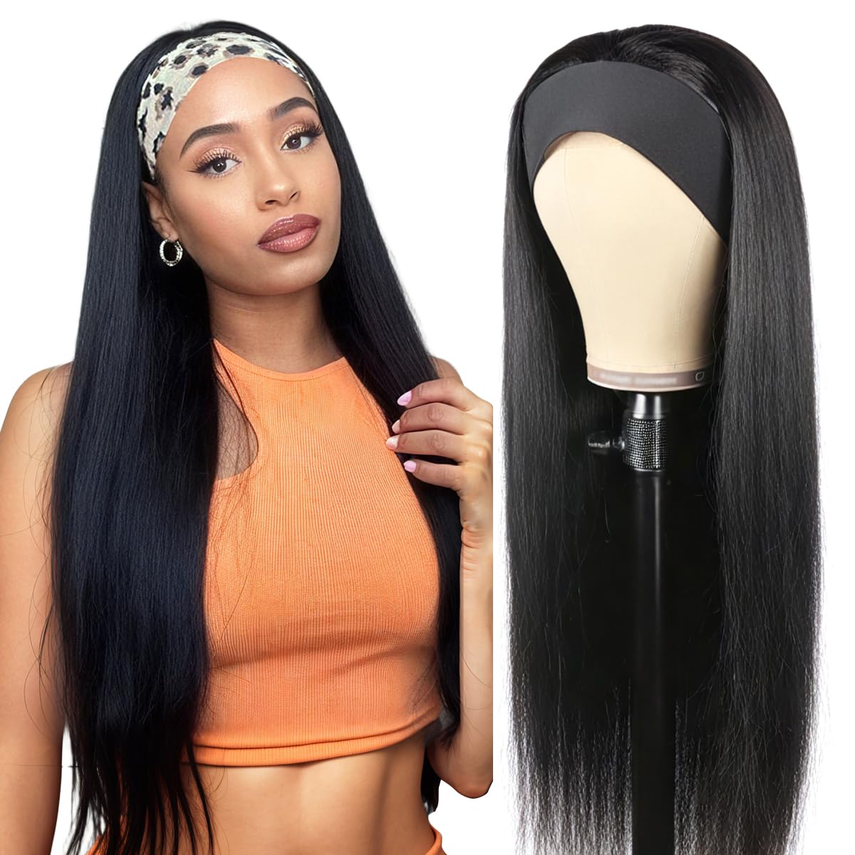 Unvizossa Headband Wig Human Hair 14 Inch Straight Headband Wigs for Black Women Glueless Straight None Lace Front Wig Human Hair Machine Made Wigs Natural Black 150% Density