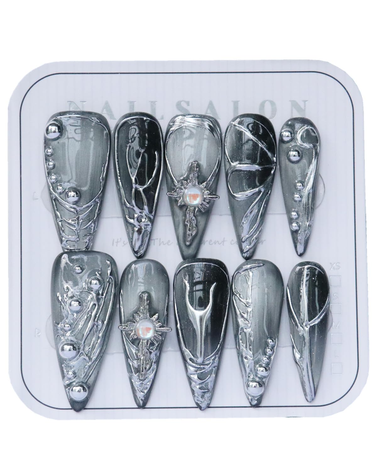 CAMILCY Luxury Handmade Press On Nails Gray Silver Gradient Almond 3D Design Long Stiletto Fake Nails Salon Quality Reusable Acrylic Nails for Women (B07, M)