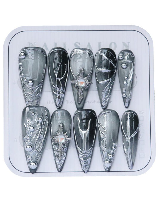 CAMILCY Luxury Handmade Press On Nails Gray Silver Gradient Almond 3D Design Long Stiletto Fake Nails Salon Quality Reusable Acrylic Nails for Women (B07, M)