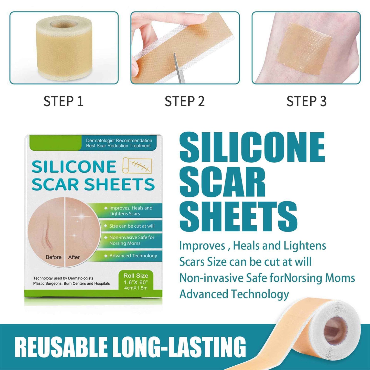 Silicone Scar Sheets - Suitable for Repair of Caesarean Section, Abdominoplasty, Keloid and Surgical Scars(1.6”x 60”)
