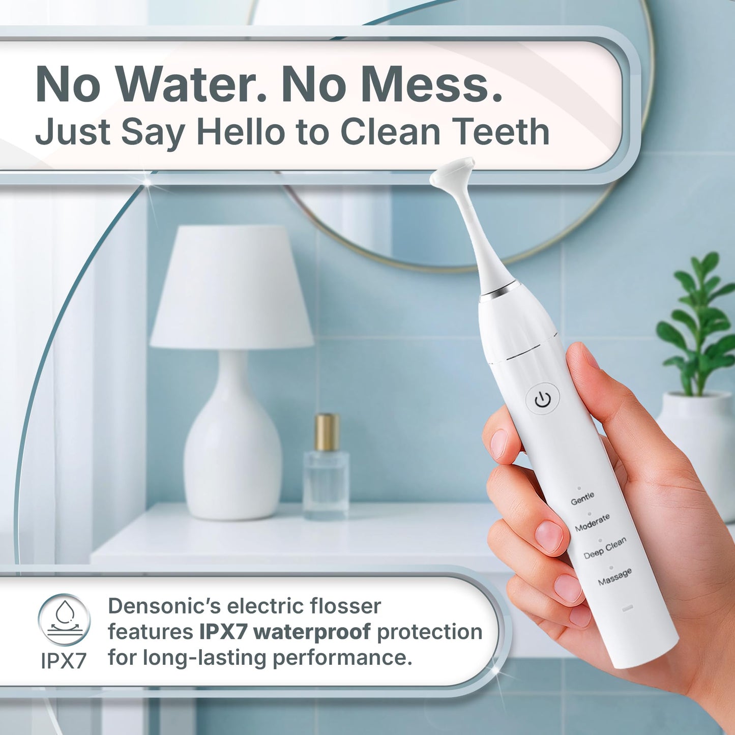 DENSONIC Electric Flosser Kit with Tongue Scraper | No Water, No Mess | Easy Gliding Dental Floss for Gentle Gum Care | Cordless Sonic Power | 50 Replaceable Heads [Celeste Blue]