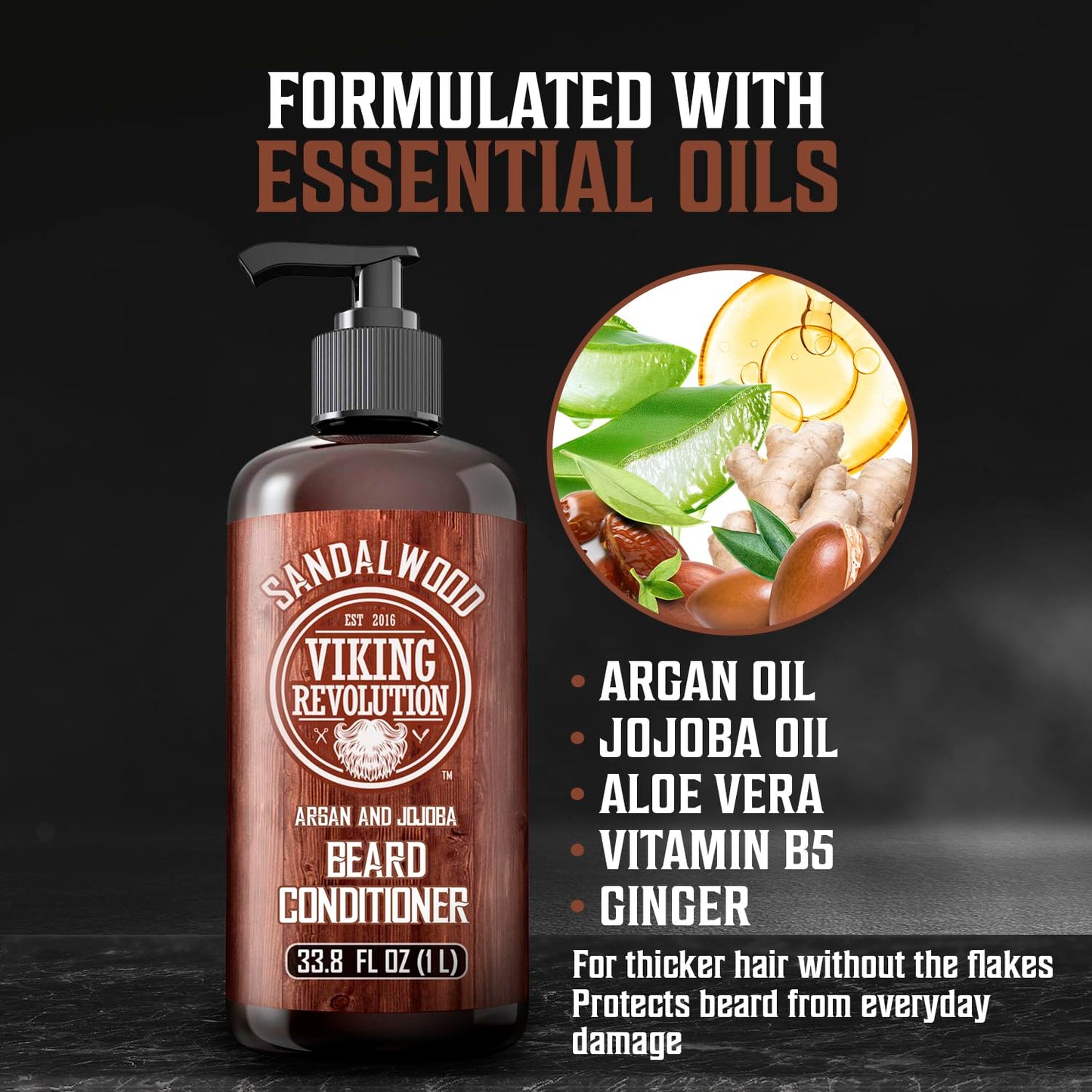 Viking Revolution Sandalwood Beard Conditioner - Argan & Jojoba Oil Beard Softener | 33.8 Fl Oz