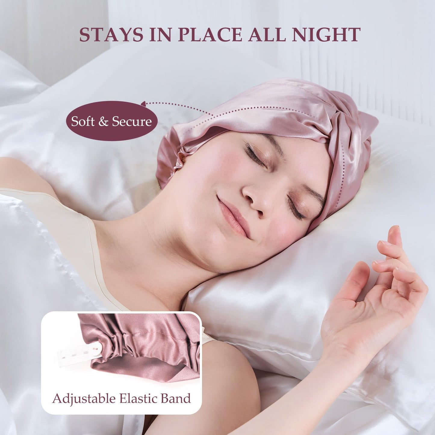 SGMSILK Silk Bonnet for Sleeping Women, 100% Mulberry Silk Sleep Cap with Elastic Band, Real Mulberry Shower Cap on Both Sides, Rose Pink