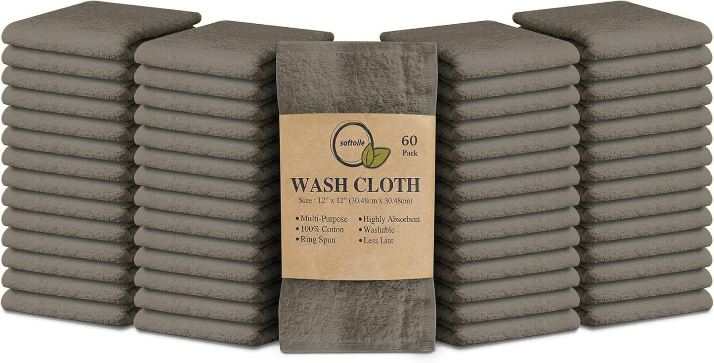Softolle 100% Cotton Ring Spun Wash Cloths – Bulk Pack of Washcloths – 12x12 Inches – Wash Cloth for Face, Highly Absorbent, Soft and Face Towels (Taupe, 60 Pack)
