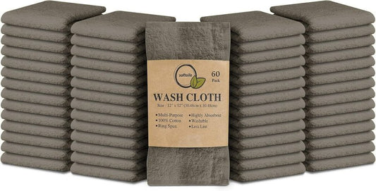 Softolle 100% Cotton Ring Spun Wash Cloths – Bulk Pack of Washcloths – 12x12 Inches – Wash Cloth for Face, Highly Absorbent, Soft and Face Towels (Taupe, 60 Pack)