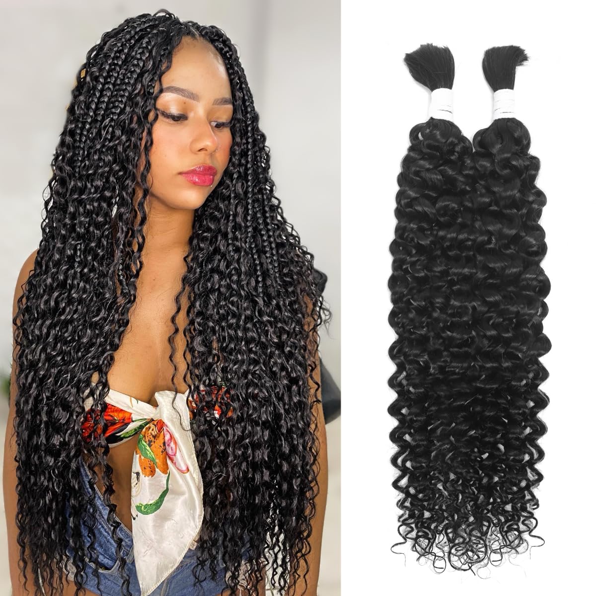 99J Human Braiding Hair Water Wave Bulk Human Hair for Braiding Bohemian Knotless 2 Bundles 100g 18inch No Weft 10A Brazilian Virgin Human Hair Extensions Curly Bulk Human Hair for Boho Braids