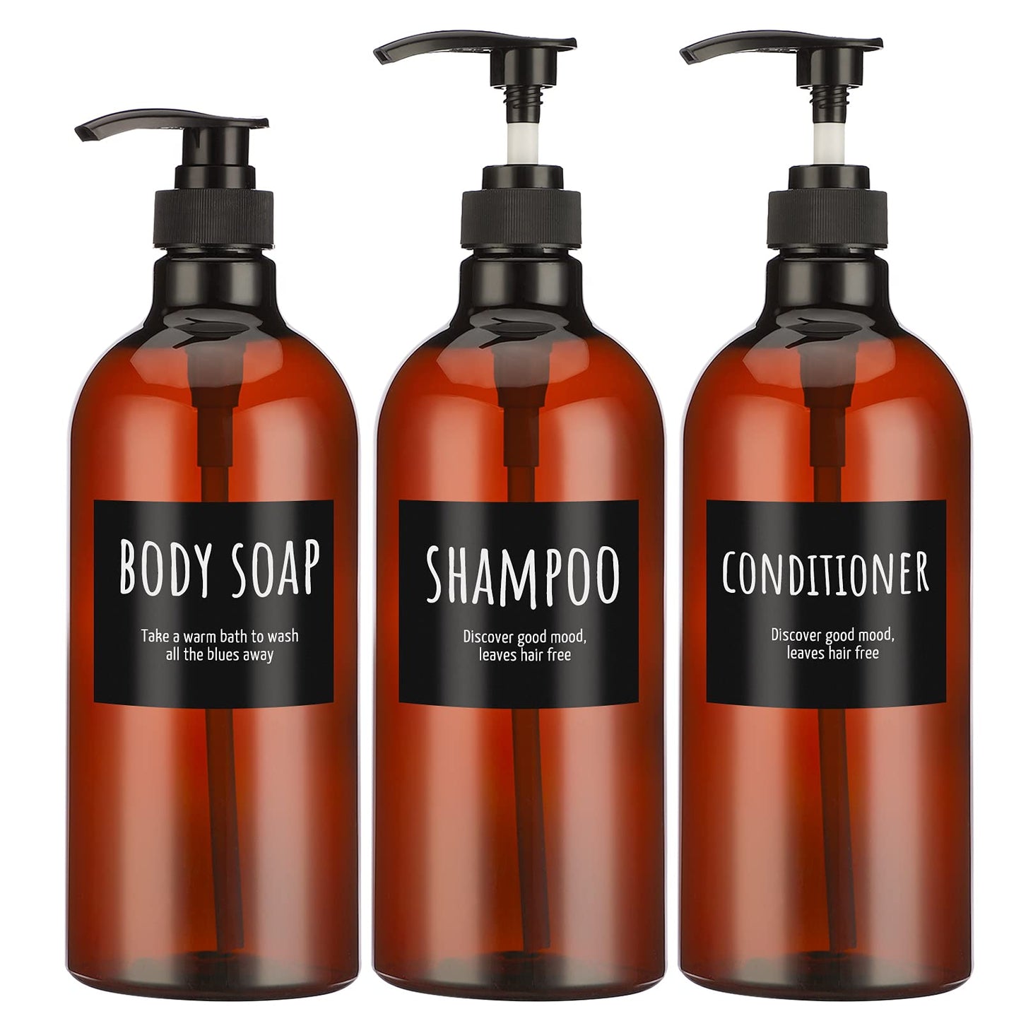 Segbeauty 32oz Shampoo Bottle, Empty Shampoo and Conditioner Bottle with Pump, 3pcs 1Liter Shampoo Dispenser Bottle for Body Soap Conditioner, Labeled Brown Plastic Press Dispenser Refillable