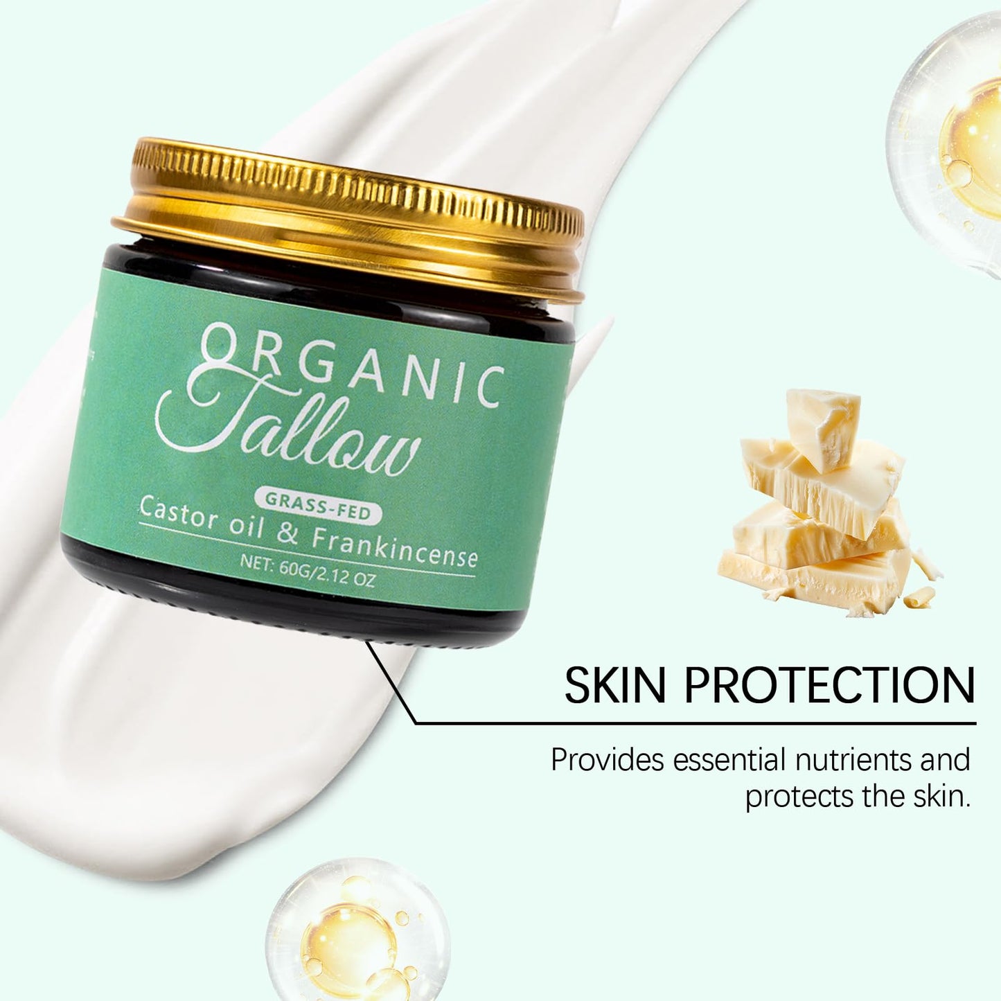 KBSBUBB Organic Tallow Balm with Castor Oil & Frankincense for Natural Skincare & Moisturizing, Tallow Cream Castor Oil and Frankincense