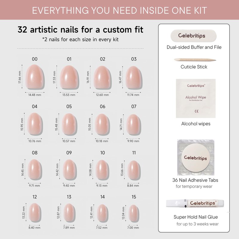 Celebritips Nail Art Press-Ons | Short Almond Nails, Reusable | 16 sizes - 32 Nails Kit with Super-hold Nail Glue and Sticky Tabs (Maui)