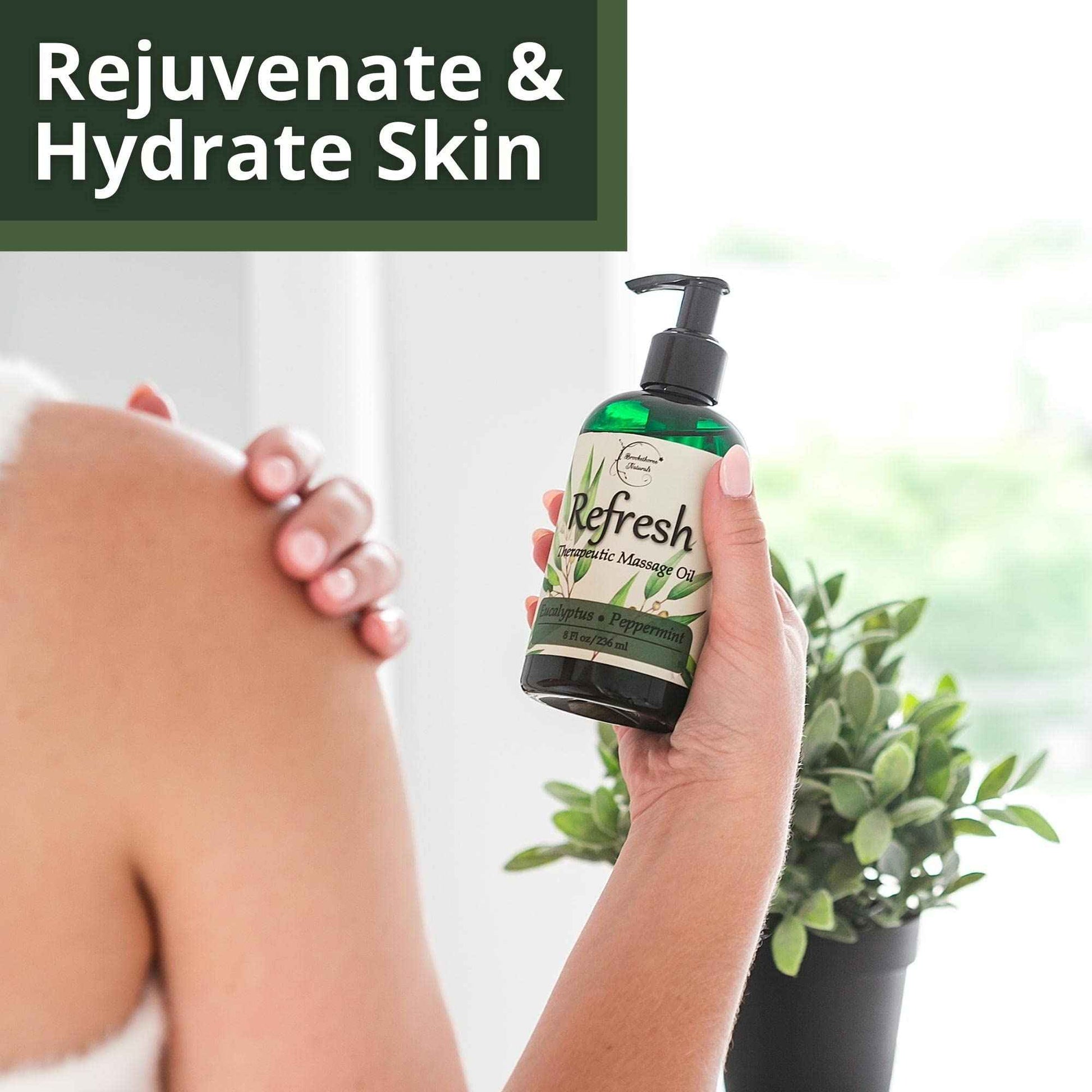 Refresh Massage Oil for Massage Therapy with Eucalyptus & Peppermint Essential Oils - All Natural Sore Muscle Relief. Ideal for Full Body Relaxation – Nut Free Formula 8oz
