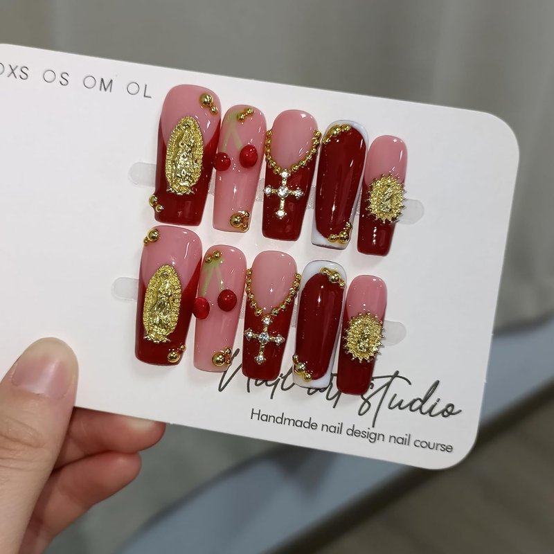 Burgundy French Press On Nails - Long Square 3D Embossed Cross Design | Elegant Gothic False Nails for Weddings (M)
