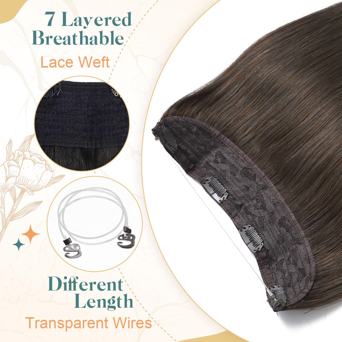 Sindra Wire Hair Extensions Real Human Hair, 4 Medium Brown Invisible Wire Hair Extensions, 14inch 70g Transparent Seamless Fish Line Hairpiece for Women