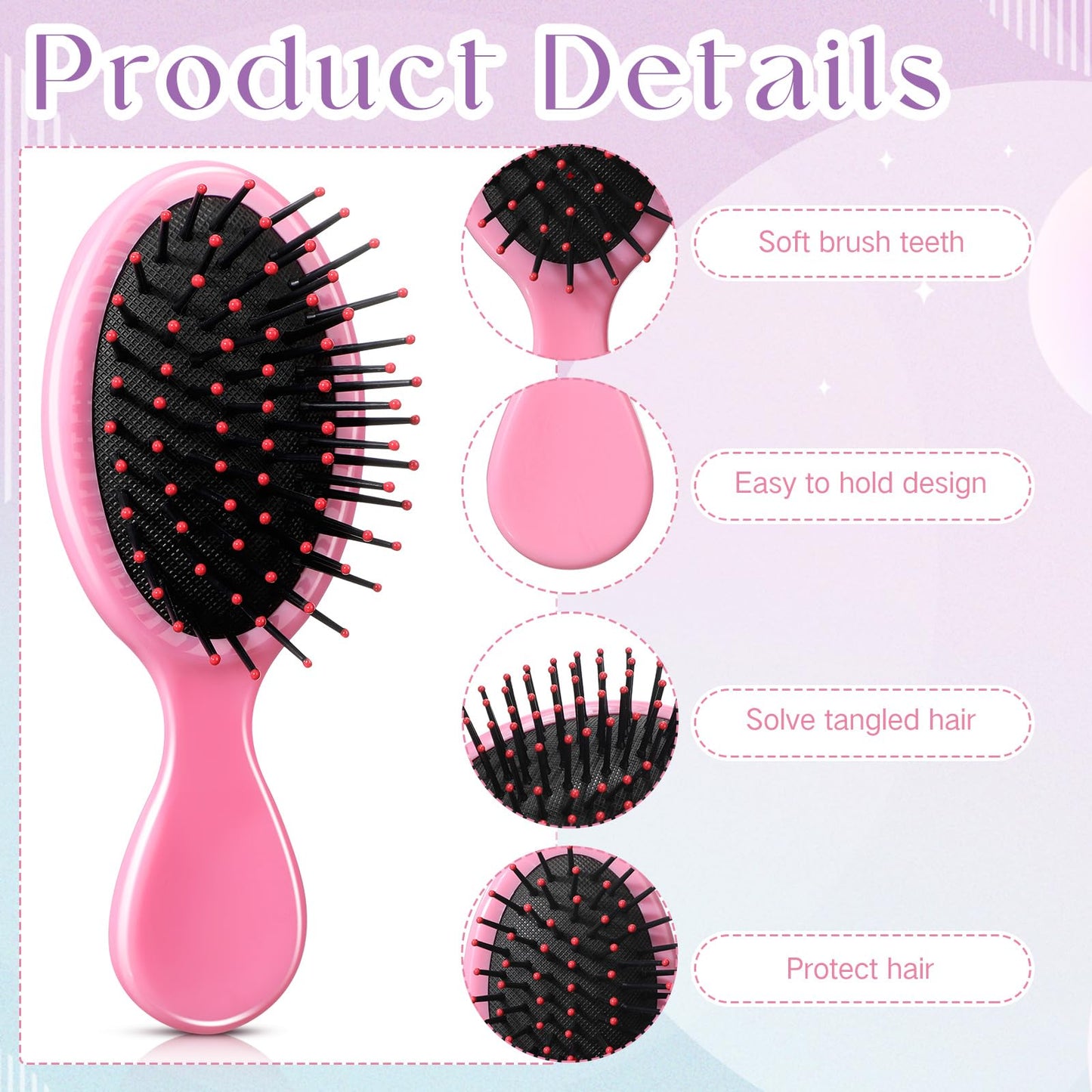 Yoande 36 Packs Mini Detangling Hairbrush Squirt Detangler combs Toddler Soft Bristle Travel Hairbrush Women Girl (Pink)