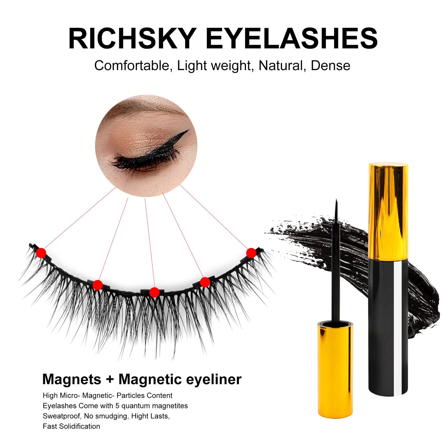 Richsky Magnetic Eyelashes Kit,Reusable 3D 5D Magnetic Lashes Set with Waterproof Eyeliner,10 Pairs Mink False Eyelashes Natural Look, No Glue Needed
