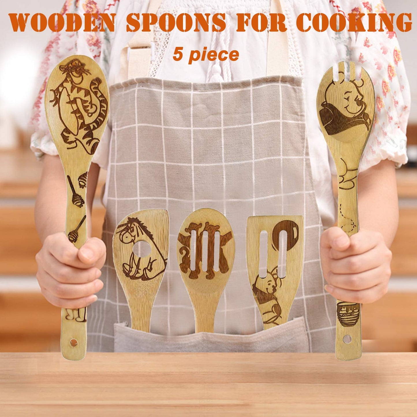 5 Cartoon Wooden Spoons for Cooking - Mom Birthday Gifts,Winnie Bear Gifts,Winnie the Bear Kitchen Accessories,Cute Tiger Spatula for Kitchen Decor,Mothers Day Gifts for Mom from Daughter,Son
