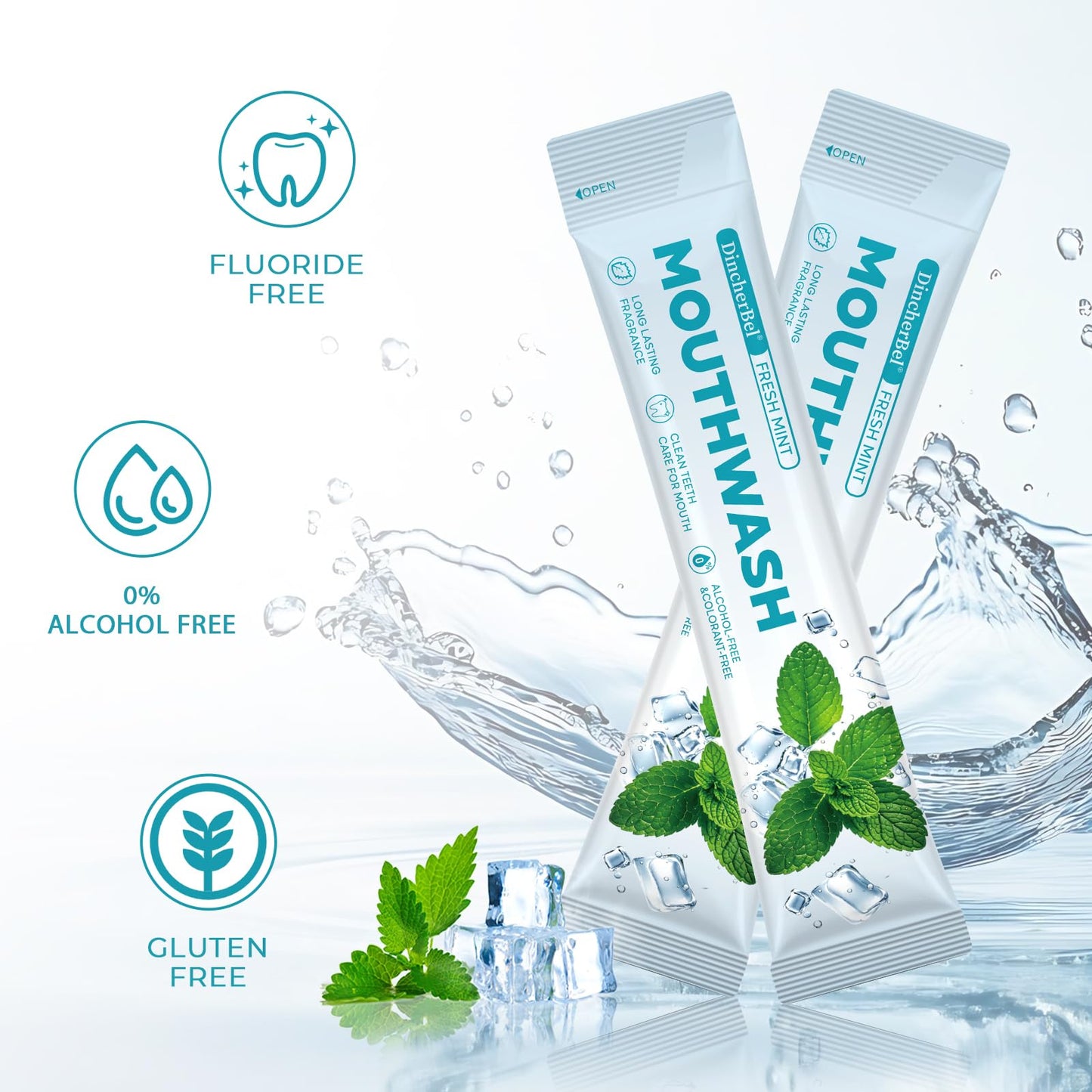 Dincherbel Travel Mouthwash Packets (60 Count) - Alcohol & Fluoride Free Natural Mint Mouth Wash - TSA Approved Individual Packets - Portable, Leak-Proof Sachets for Bad Breath, Gum Health & Dry Mouth