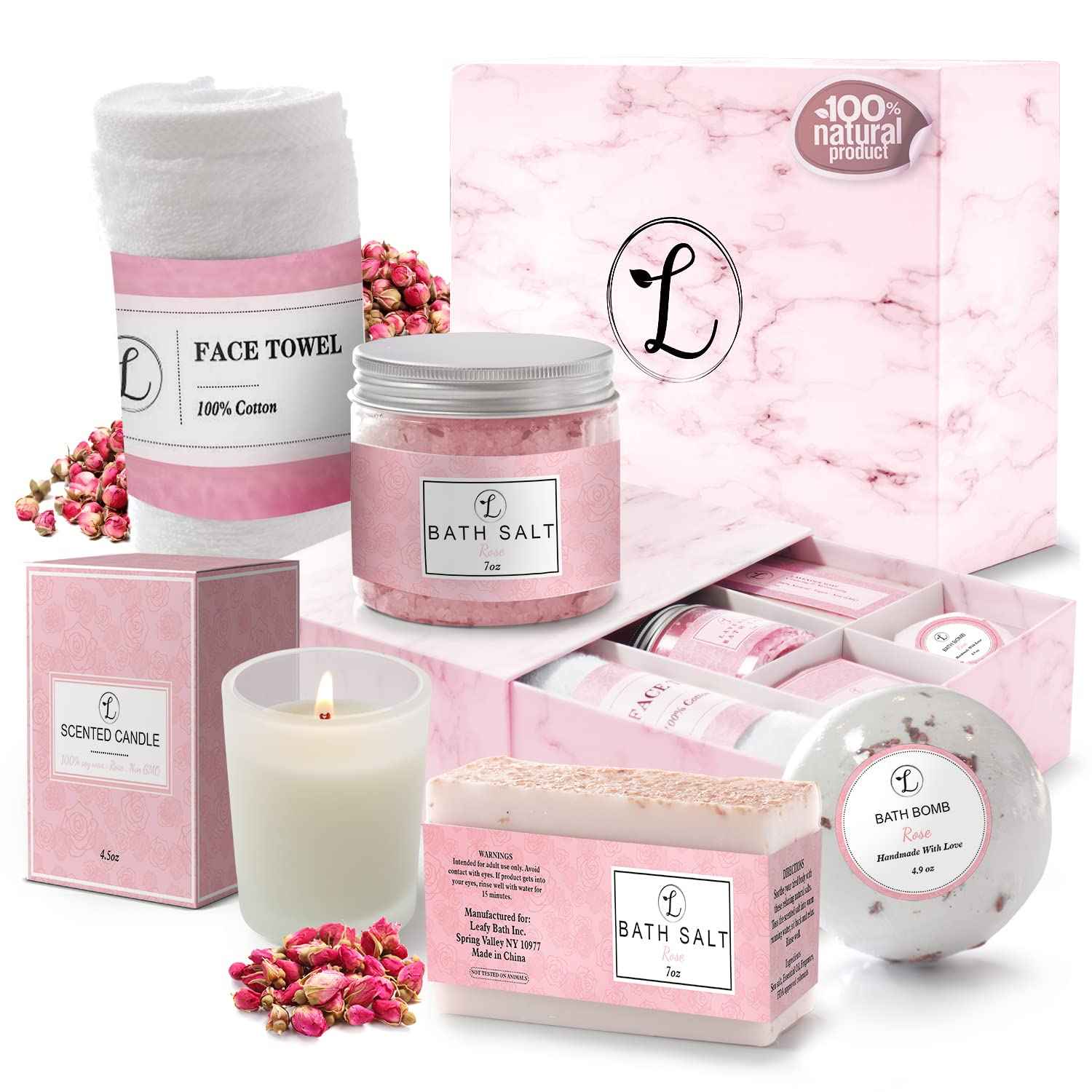 Spa Gift Set 100% Natural, Gift Box Includes: Bath Bomb, Bath Salt, Hand Soap, Scented Candle, Face Cloth and Gift Box. Best Gift for Her. (Rose)