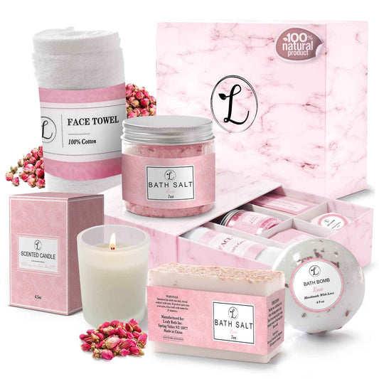 Spa Gift Set 100% Natural, Gift Box Includes: Bath Bomb, Bath Salt, Hand Soap, Scented Candle, Face Cloth and Gift Box. Best Gift for Her. (Rose)